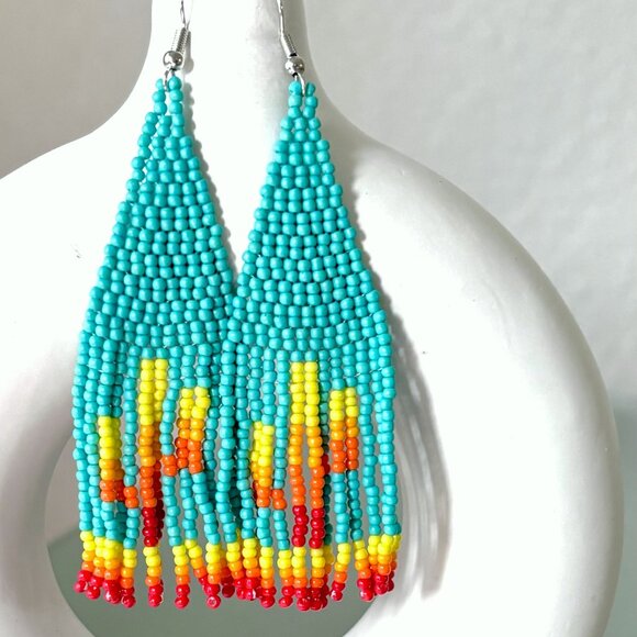 Colorful Teal Southwestern Cactus Cacti Hand Beaded Dangle Tassel Earrings New - Picture 2 of 3